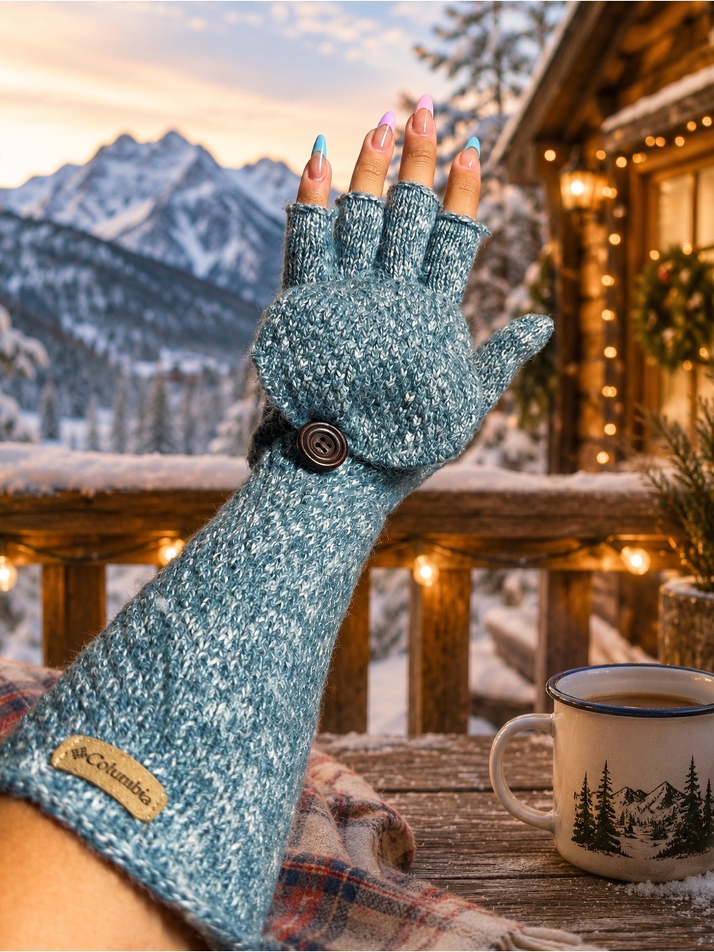 Columbia Flip Top Glittens Fingerless Convertible Mittens Blue Knit